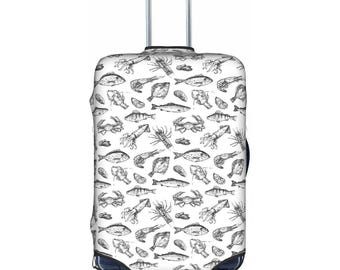 Funda para equipaje con estampado de peces y calamares para niños y adultos.