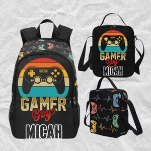 Sac à dos Gamer Boy personnalisé, sac à dos gaming personnalisé avec nom, sac à dos Gamer Boy pour cartable, boîte à lunch assortie
