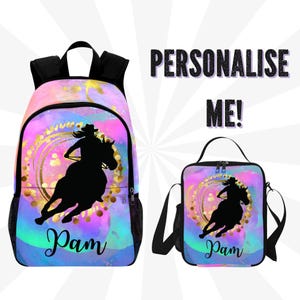 Sac à dos personnalisé de course de barils pour fille - Sac à dos cheval personnalisé avec nom - Cartable ou cartable pour filles de rodéo Barrel Racer Kids