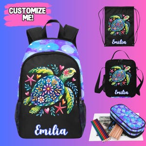 May include: A black backpack, drawstring bag, lunch bag, and pencil case set. Each item features a colorful sea turtle design with the name "Emilia". The backpack has a purple and blue bubble pattern.