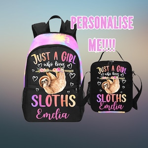 Just A Girl Who Loves Sloths Sac à dos pour fille, sac à dos et sac à lunch assorti avec nom, cadeaux paresseux, cartables paresseux pour l'école
