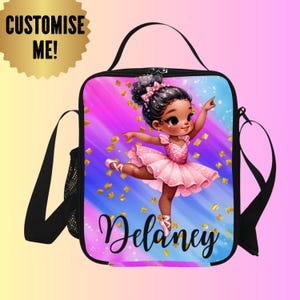 Boîte à lunch noire pour danseuses de ballet - Sacs à lunch ballerines avec nom - Sac à lunch isotherme pour filles afro-américaines, toutes petites filles