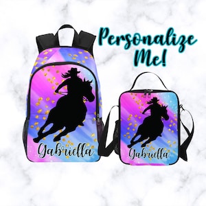 Sac à dos enfant personnalisé pour filles faisant une course de barils, sac à dos rodéo avec sac à lunch assorti portant le nom, cartable personnalisé pour enfants sportifs