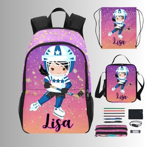 Sac de hockey sur glace personnalisé pour filles - Sac à dos de hockey sur glace pour filles avec sac à lunch assorti, sacs de hockey sur glace pour tout-petits, maternelle et pré-maternelle