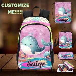 Ensemble sac à dos baleine, sac à lunch, trousse et sac à cordon, sacs baleines pour la rentrée, cadeaux baleines pour toute-petite fille