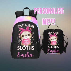 Sac à dos personnalisé paresseux pour fille, sacs paresseux personnalisés pour l'école, juste une fille qui aime les paresseux, sacs à dos pour filles, sac à lunch disponible