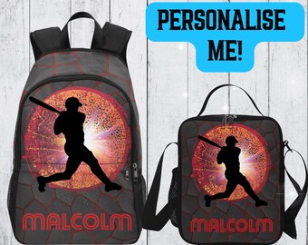Boys Baseball Backpack With Name, Name Backpack for Baseball Boys With Matching Lunchbag Lunch Box Set, Customized School Bag