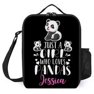 Jolie boîte à lunch panda pour fille - Sac à lunch pour les amoureux des pandas pour enfants - Sac isotherme pour l'école - Garde les aliments au frais avec sangle et poignée - Écrivez le nom