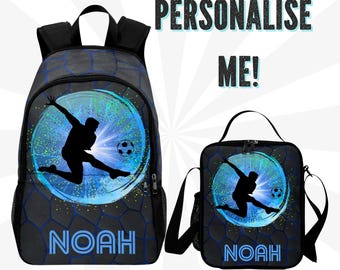 Name Backpack for Soccer Boys, Boys Soccer Backpack With Matching Lunchbag, Soccer Bags for Kids, Matching Lunch box Set For Children