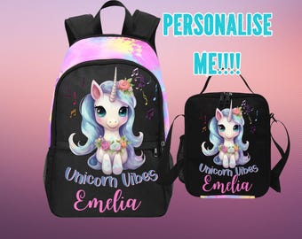 Girls Personalized Unicorn Vibes Backpack With Matching Lunchbag, Custom Backpack With Name On For Unicorn Girl,  Magical Bookbags