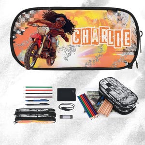 Étui à crayons motocross personnalisé pour filles, articles de papeterie pour motards pour enfants, cadeaux de rentrée pour filles motardes, secondaire, primaire