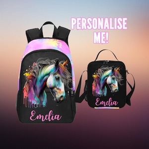 Sac à dos personnalisé pour fille cheval et sac à lunch assorti, cartable avec chevaux, cadeaux pour cavaliers, cadeau équestre personnalisé pour cavalier