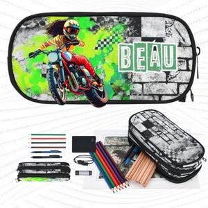 Trousse personnalisée pour motos tout-terrain pour filles, papeterie personnalisée pour motos tout-terrain pour enfants, porte-stylo pour enfants, école primaire