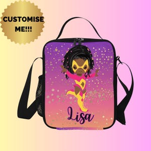 Sac à lunch personnalisé super-héros afro-américaine, sacs à lunch pour filles noires avec nom, sac à lunch pour tout-petits pour la rentrée des classes pour enfant noir