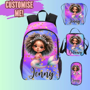 Sac à dos sirène africaine personnalisé avec nom, cartable personnalisé pour petites filles noires, sac à lunch assorti, sacs personnalisés