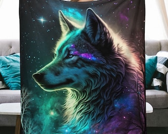 Puede incluir: Una cabeza de lobo colorida con un fondo de galaxia. El lobo es azul, verde y morado con un contorno negro. El fondo es azul oscuro con estrellas y una nebulosa.