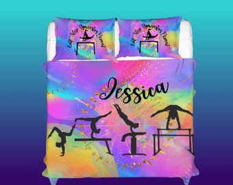 Customized Girls Gymnastics Bedding, Personalise Duvet Cover for Gymnasts, Rainbow Duvet Set With pillows for Gymnasts Birthday