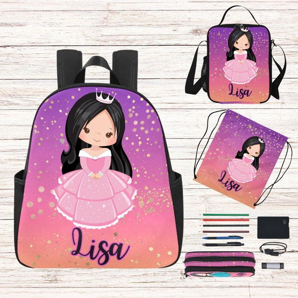 Personalized Princess Backpack With Name On, Customized School Bag for Toddlers, Matching Lunchbag, Personalise Backpack for Princesses