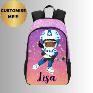 Sac de hockey sur glace personnalisé pour filles noires - Sac à dos pour fille afro-américaine avec sac à lunch assorti, hockey sur glace pour tout-petits, maternelle