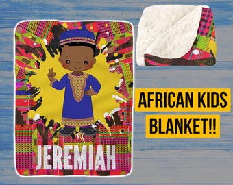 African American Boys Blanket Customized With Name, Personalized Blanket for Black Boys, Africa Themed Bedroom Decor for Kids