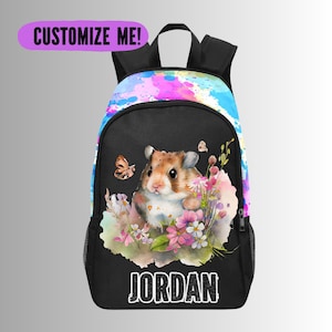 Joli sac à dos hamster pour l'école, cartable personnalisé avec nom pour les filles qui aiment les hamsters, cadeaux hamster, cadeau pour filles hamster