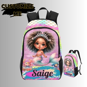Ensemble sac à dos sirène afro, sac à lunch, trousse et sac à cordon, sacs à dos princesse noirs pour jeunes filles dès l'âge préscolaire