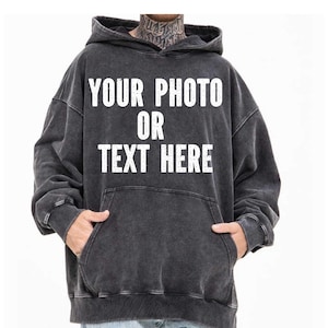 Acid Wash Oversized Hoodie With Business Logo, Personalized Text Hoodie in Streetwear Style, Add Photo To Hoodie Customized With Text