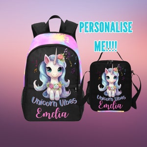 Girls Personalized Unicorn Vibes Backpack With Matching Lunchbag, Custom Backpack With Name On For Unicorn Girl,  Magical Bookbags