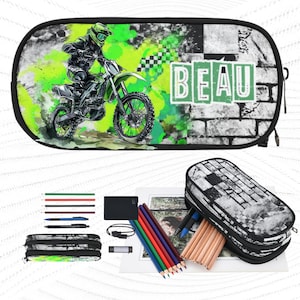 Étui à crayons pour motos tout-terrain pour garçons, articles de papeterie personnalisés pour motos tout-terrain pour enfants, articles de papeterie pour la rentrée des classes pour enfants, école primaire