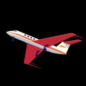May include: A red and white airplane taking off against a black background. The airplane has three windows on each side and a red tail.