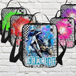 Sacs à lunch de motos tout-terrain personnalisés avec nom pour garçons, sacs-repas de motocross avec nom, sacs à lunch de motos de motocross personnalisés pour la rentrée des classes