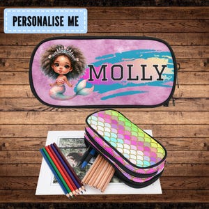 Jolie trousse sirène pour filles noires, papeterie sirène afro pour petites filles avec nom, trousse sirène noire, papeterie personnalisée