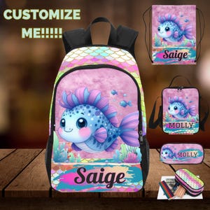 Sac à dos avec poisson, sac à lunch, ensemble trousse et sac à cordons, sacs à poisson pour la rentrée, cadeaux poisson pour toute-petite fille, sacs à dos