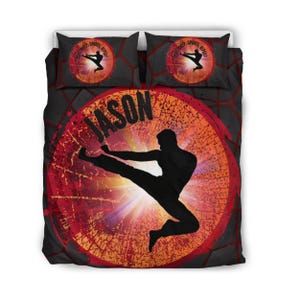 Personalized Boys Karate Bedding Duvet Set,  Customized Bed Cover For Karate Boys Bedroom, Boys Karate Bed Cover and Pillow Set With Name