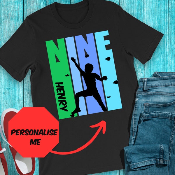 Kids Personalized 9th Birthday Rock Climbing Shirt - Boys 10 Today Bouldering Shirt Fully Customized With Name - Rock Climber Gifts