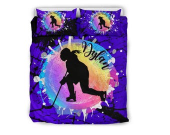 Personalized Ice Hockey Bedding With Name On, Customized Bed Cover For Girls Ice Hockey Players, Cool Gift for Ice Hockey Girls Bedroom