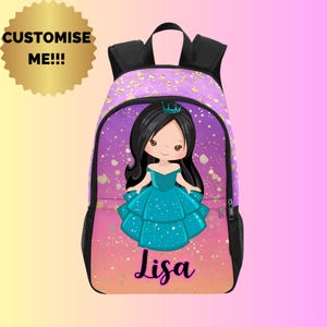 Sac à dos princesse personnalisé avec nom, cartable personnalisé pour tout-petits, sac à lunch assorti, sac à dos personnalisé pour princesses
