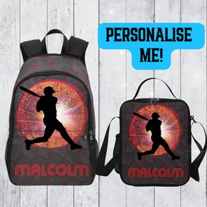 Sac à dos de baseball pour garçons avec prénom, sac à dos prénom pour garçons de baseball avec sac à lunch assorti, sac d'école personnalisé