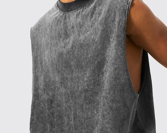 Oversized Men's Acid Wash Tank Tops, Distressed Tank Tops for Men, Stone Wash SHirts, Mineral Wash Sleeveless Tops for Gym, Acid Washed