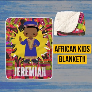 African American Boys Blanket Customized With Name, Personalized Blanket for Black Boys, Africa Themed Bedroom Decor for Kids