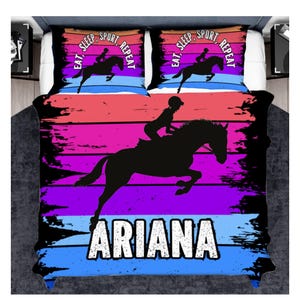 Custom Show Jumping Duvets Cover And Pillow Set For Girls, Personalized Girls Bedding Set for Horse Riders, Horse Gifts for Teen or Teenager