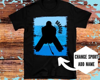 Blue Retro Personalized Shirt for Ice Hockey Goalie   Boys,  Customized Shirts For Boys Who Love Ice HOckey  Custom T-Shirt With Name On