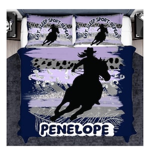 Girls Barrel Racing Duvet Cover Set, Custom Bedding Set for Rodeo Teen Girls Queen Duvet Set With Name On For Horse Riders Cowgirls Teens