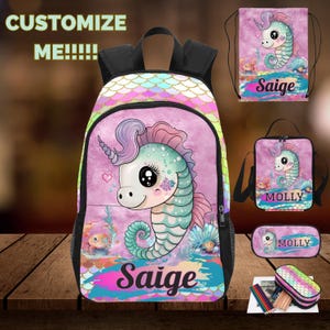 Ensemble sac à dos hippocampe, sac à lunch, trousse et sac à cordon, sacs hippocampe pour la rentrée scolaire, cadeaux hippocampe pour toute-petite fille