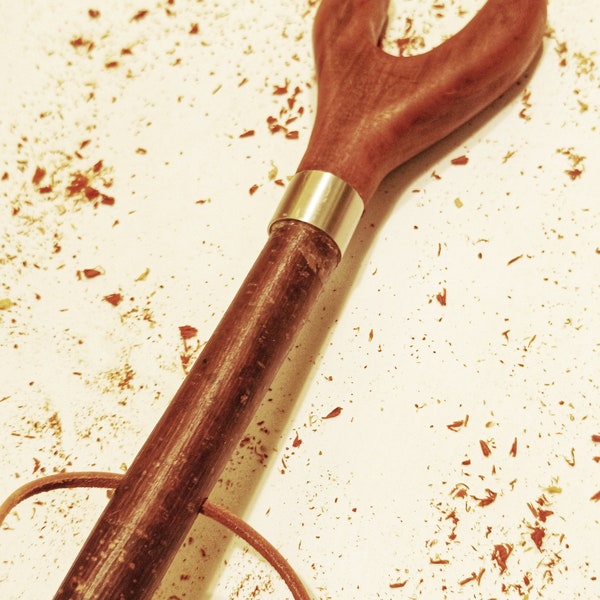 Handmade hazel horseshoe thumb stick with solid Indian mahogany handle and nickel silver collar