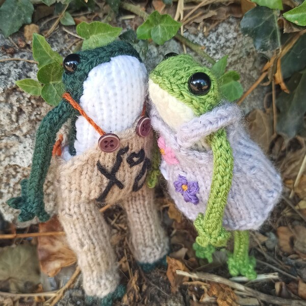 Frog knitted doll with jointed limbs, dress and panties, or jumpsuit. You can choose the color of the body and the clothes.