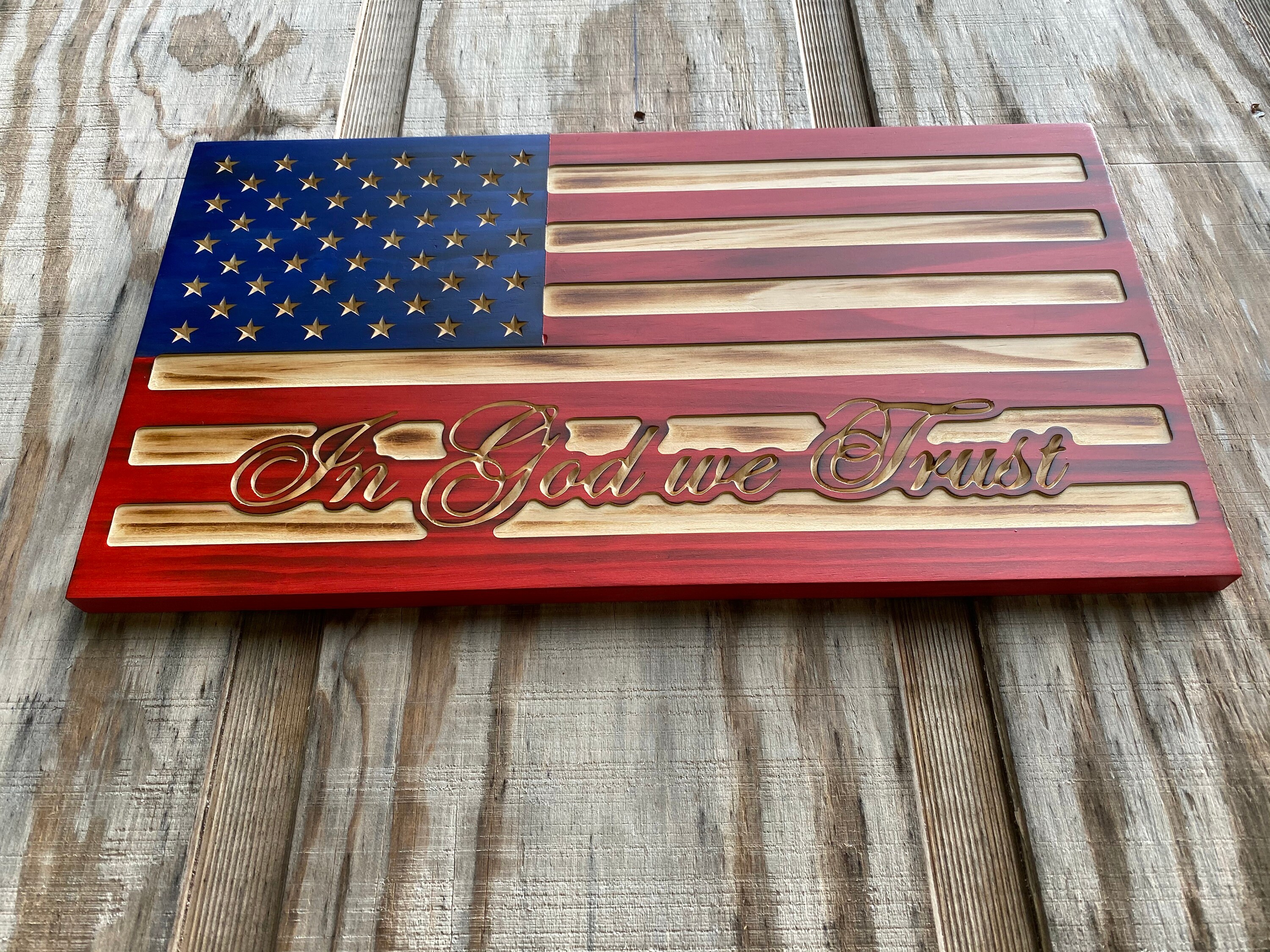 American Flag With in God We Trust Carved in the Stripes in | Etsy