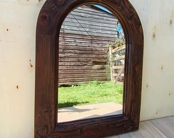 Vintage/Antique Hand Carved Solid Dark Wooden Arch Mirror Ribbon Bow 42x60 cm