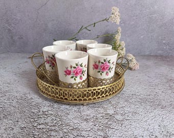Vintage Enoch Wedgwood Demitasse Espresso Set - 6 Cups, Holders & Ornate Tray