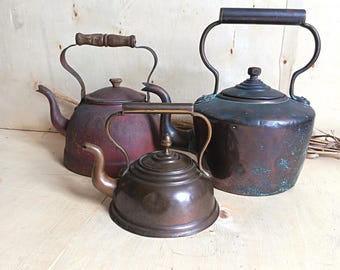 Various Antique, Vintage Copper Teapot Kettles, Kitchen Farmhouse Cottage Decor
